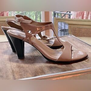 Pesaro Blush Patent Leather T‑Strap Slingback Heels